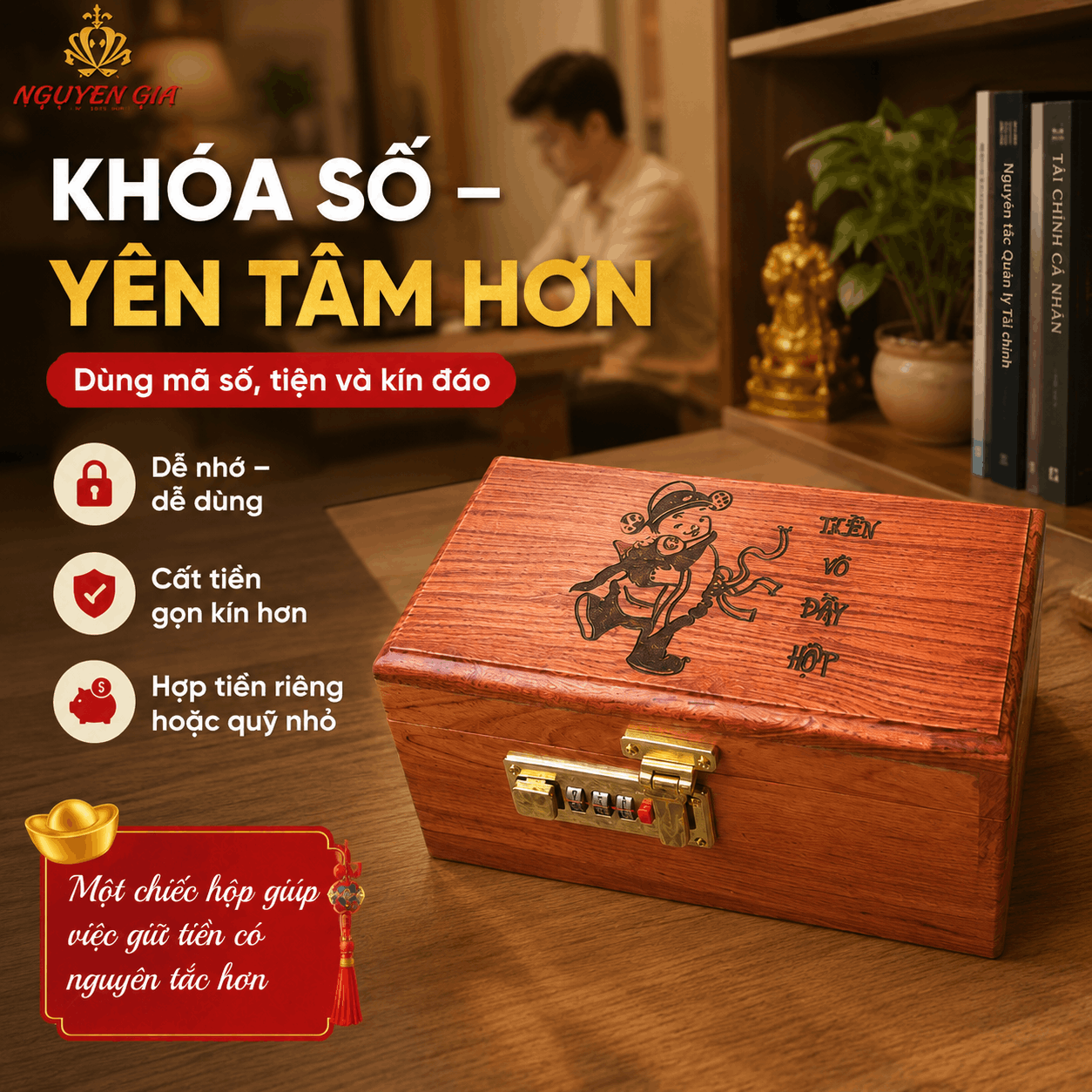 Hộp Tiết Kiệm Thần Tài Bằng Gỗ Hương – Khóa Số, Chứa 300 Tờ