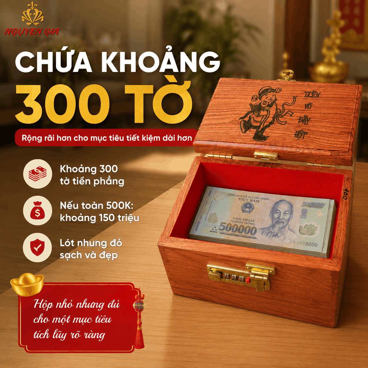 Hộp Tiết Kiệm Thần Tài Bằng Gỗ Hương – Khóa Số, Chứa 300 Tờ