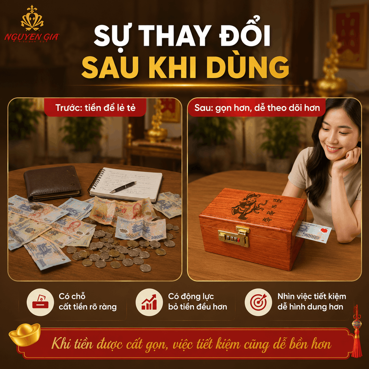Hộp Tiết Kiệm Thần Tài Bằng Gỗ Hương – Khóa Số, Chứa 300 Tờ