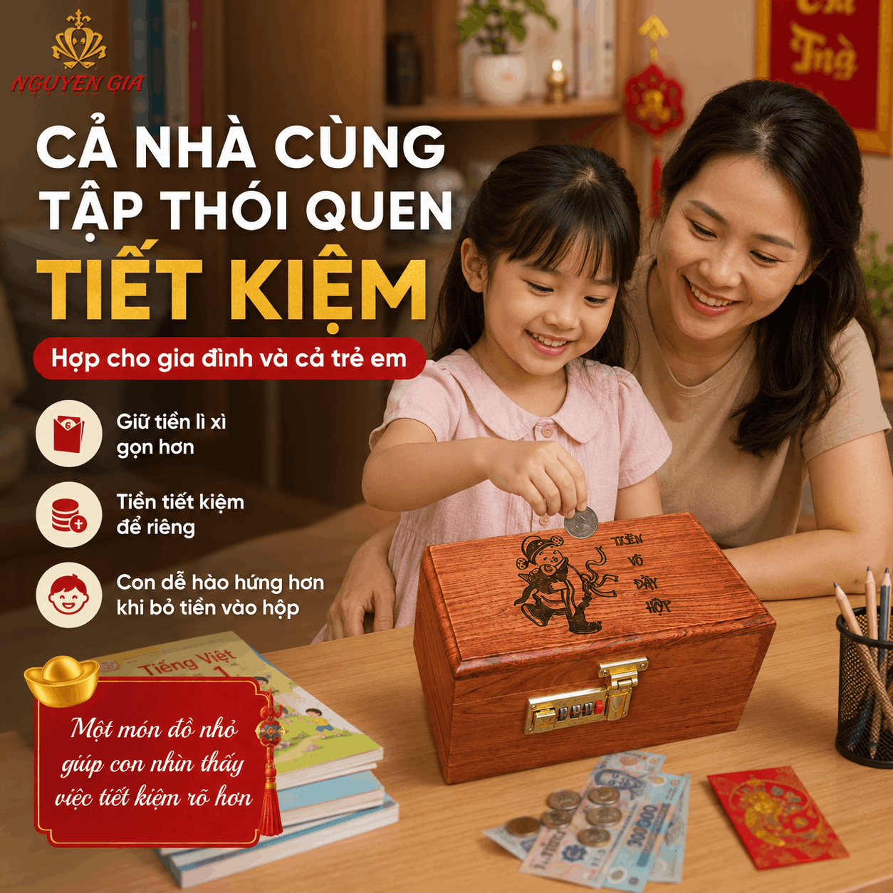 Hộp Tiết Kiệm Thần Tài Bằng Gỗ Hương – Khóa Số, Chứa 300 Tờ