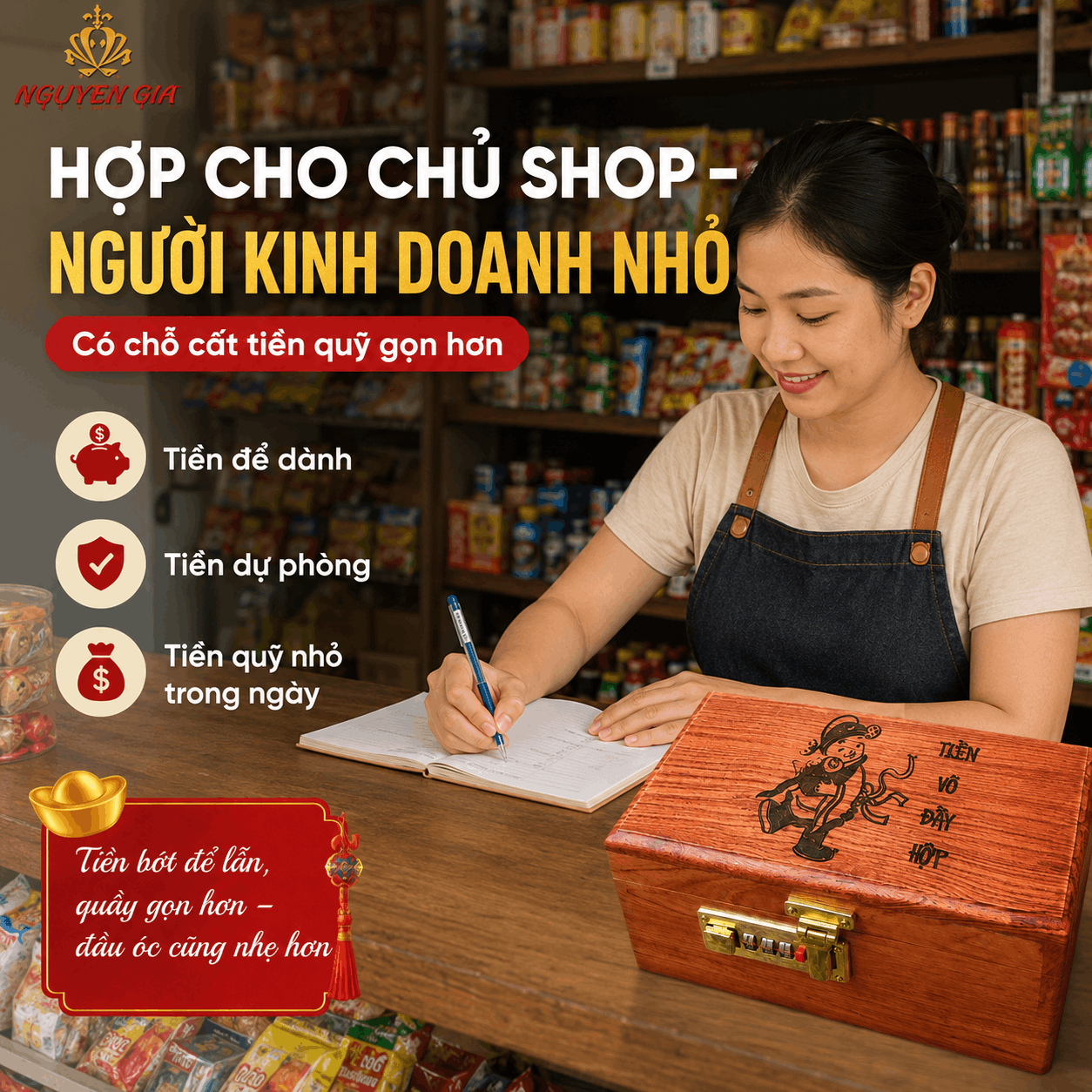 Hộp Tiết Kiệm Thần Tài Bằng Gỗ Hương – Khóa Số, Chứa 300 Tờ