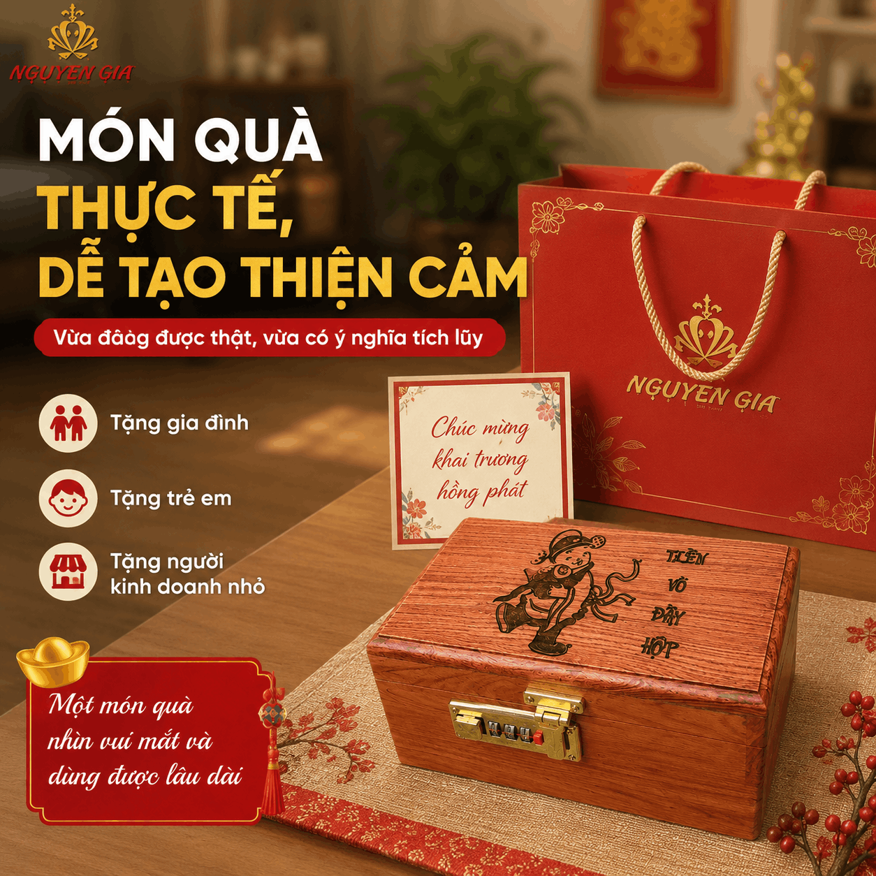 Hộp Tiết Kiệm Thần Tài Bằng Gỗ Hương – Khóa Số, Chứa 300 Tờ