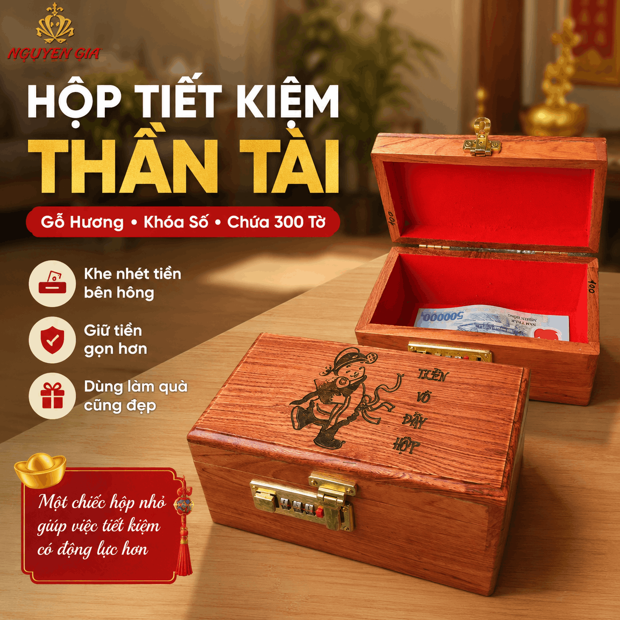 Hộp Tiết Kiệm Thần Tài Bằng Gỗ Hương – Khóa Số, Chứa 300 Tờ