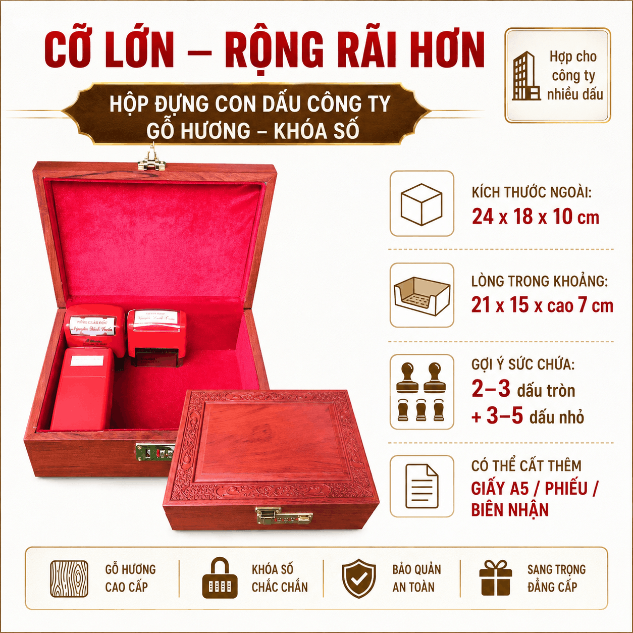 Hộp Đựng Con Dấu Công Ty Bằng Gỗ Hương Cỡ Lớn – Khóa Số
