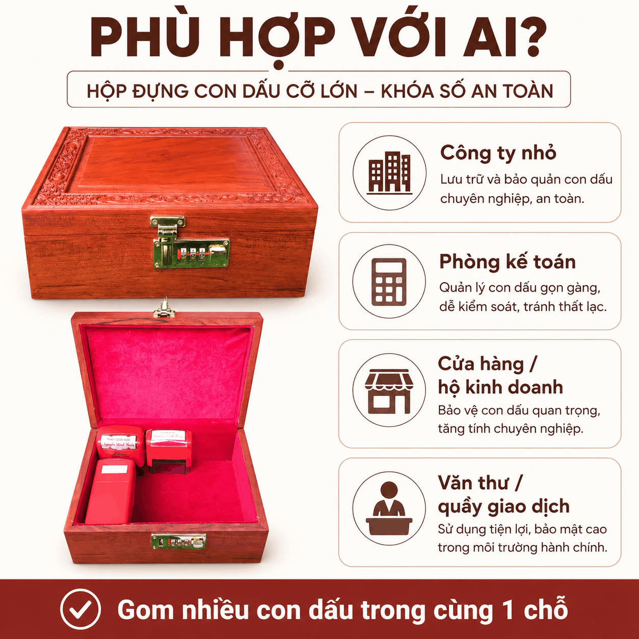 Hộp Đựng Con Dấu Công Ty Bằng Gỗ Hương Cỡ Lớn – Khóa Số
