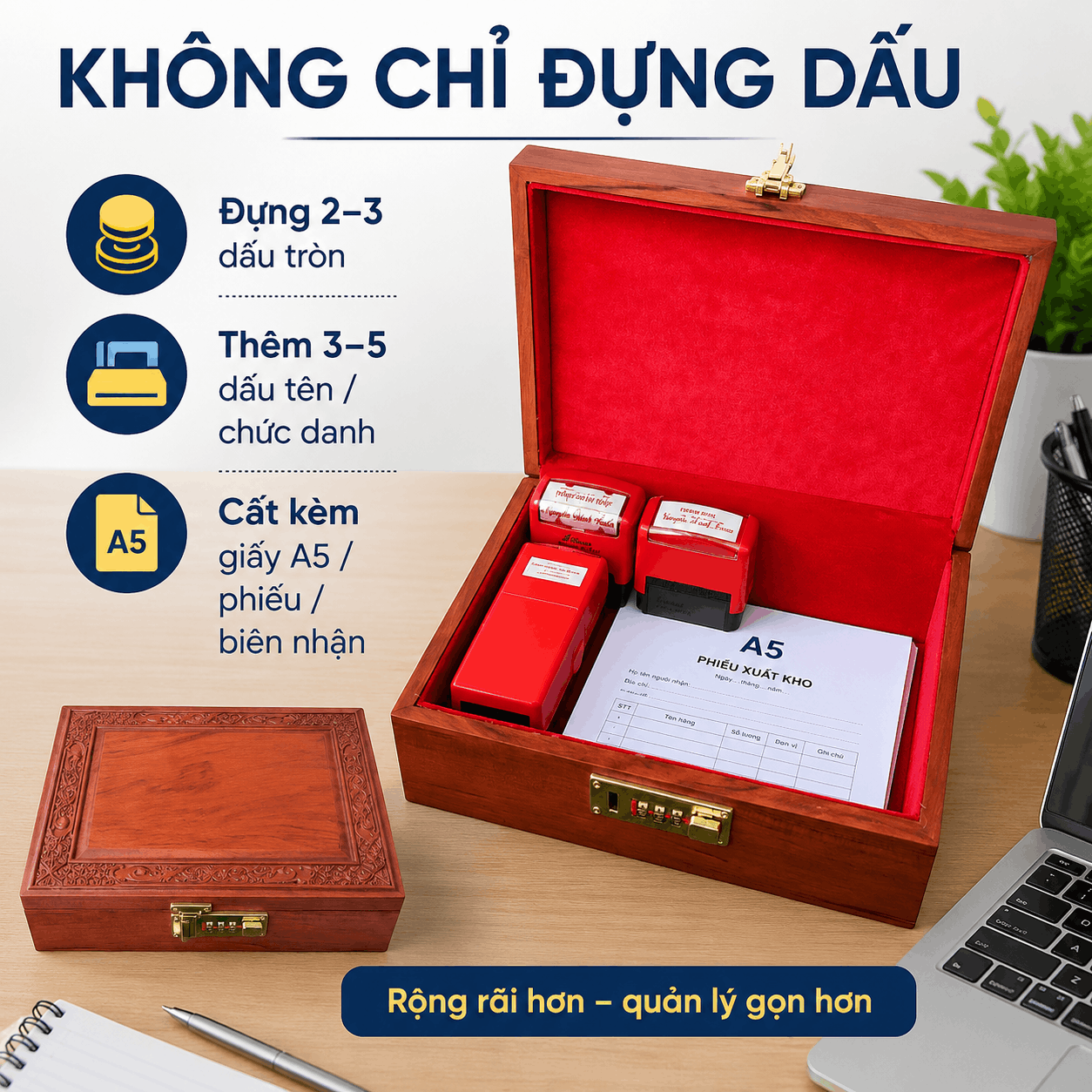 Hộp Đựng Con Dấu Công Ty Bằng Gỗ Hương Cỡ Lớn – Khóa Số