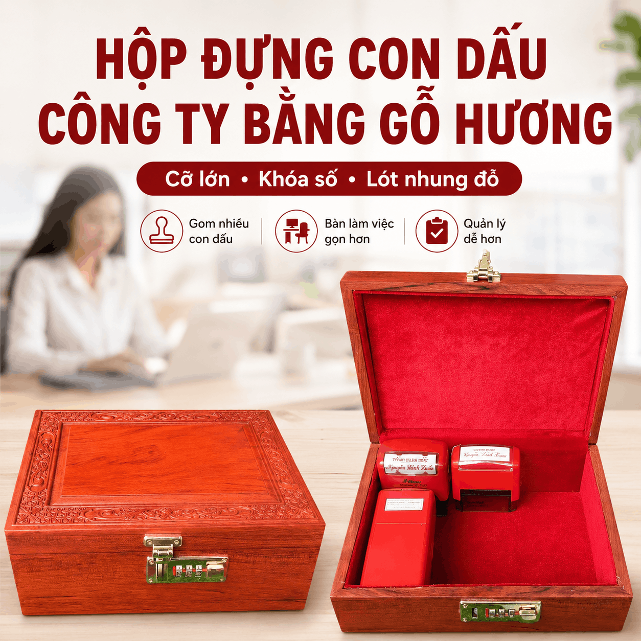 Hộp Đựng Con Dấu Công Ty Bằng Gỗ Hương Cỡ Lớn – Khóa Số