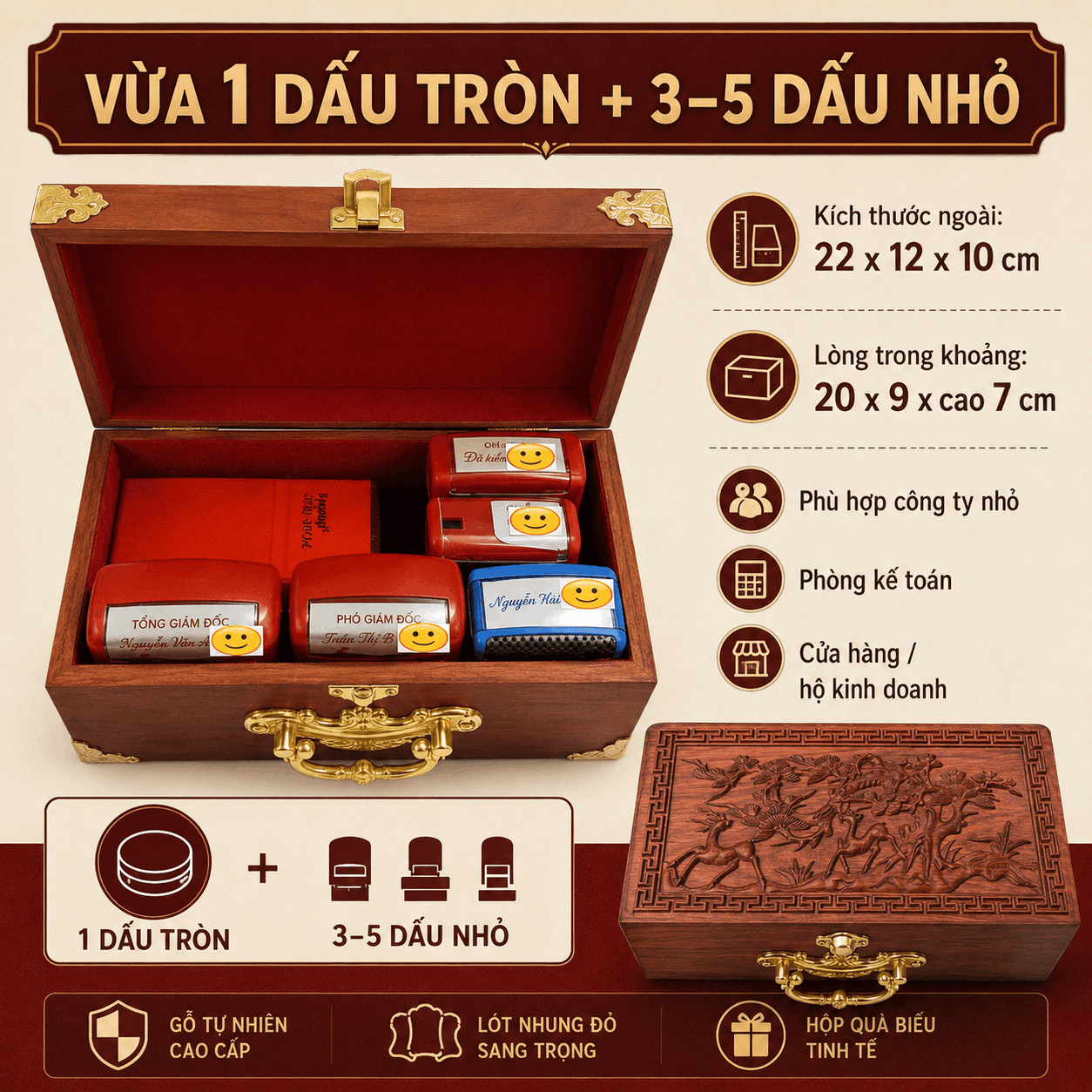 Hộp Đựng Con Dấu Công Ty Mẫu Tùng Hươu – Gỗ Hương Chạm Nổi