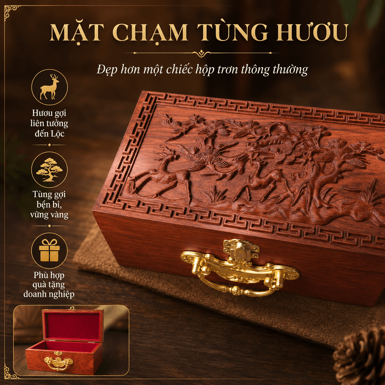 Hộp Đựng Con Dấu Công Ty Mẫu Tùng Hươu – Gỗ Hương Chạm Nổi