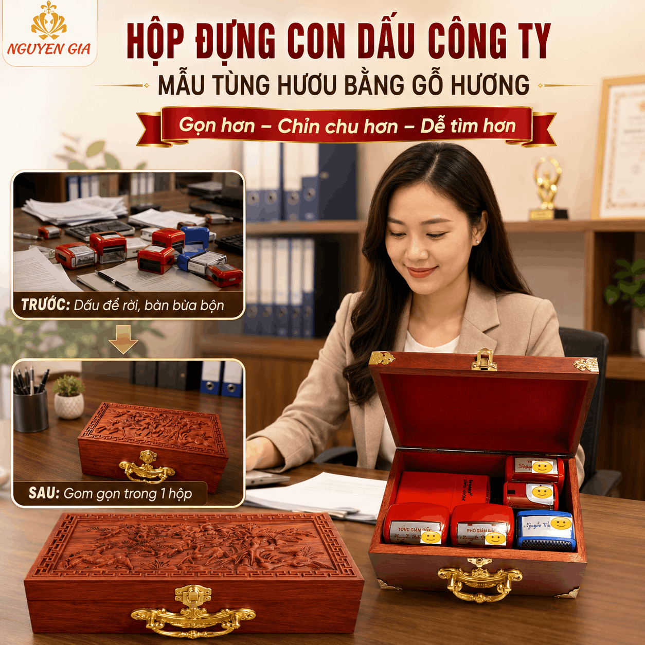 Hộp Đựng Con Dấu Công Ty Mẫu Tùng Hươu – Gỗ Hương Chạm Nổi