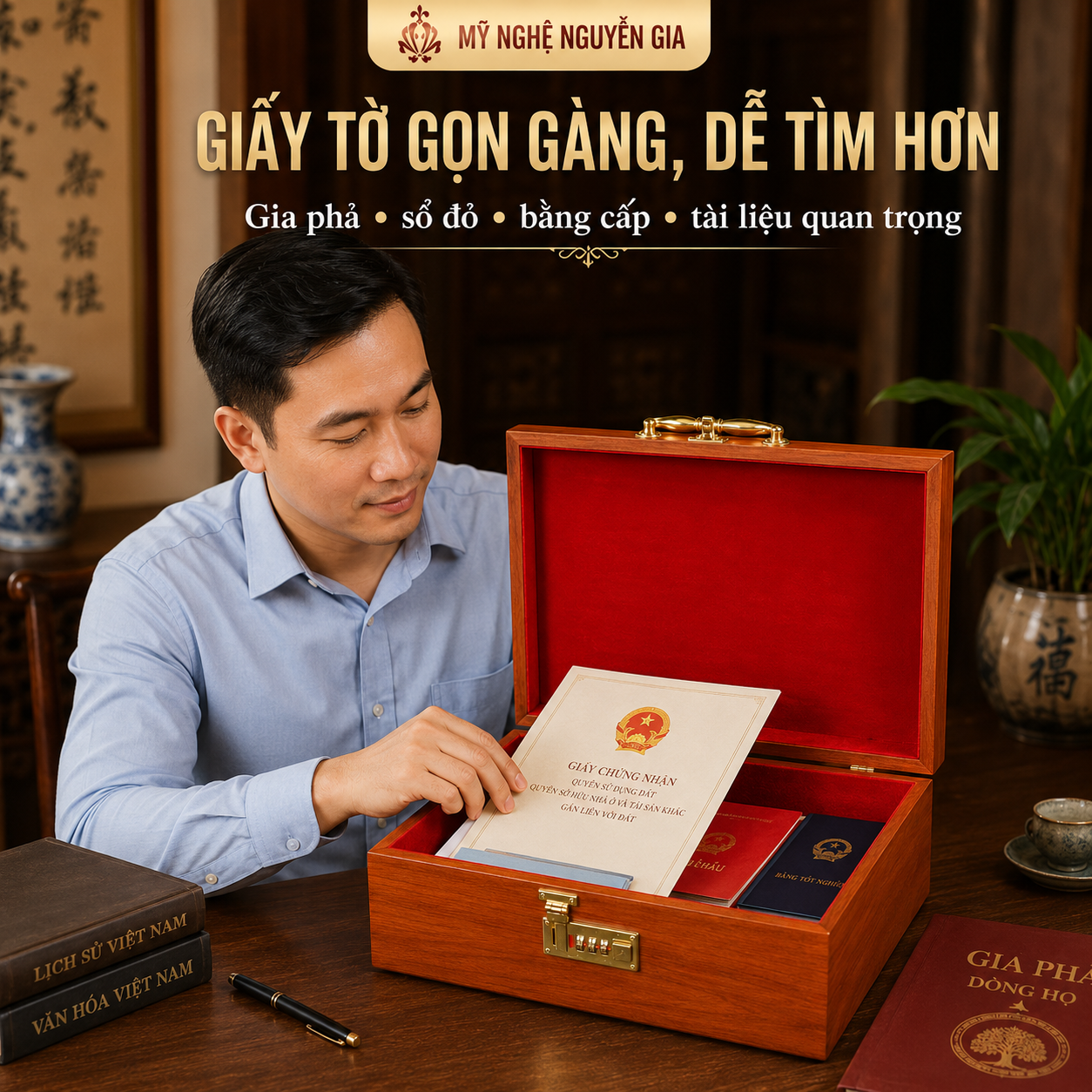 Hộp Đựng Gia Phả Bằng Gỗ Hương – Cất Sắc Phong, Sổ Đỏ, Tài Liệu A4