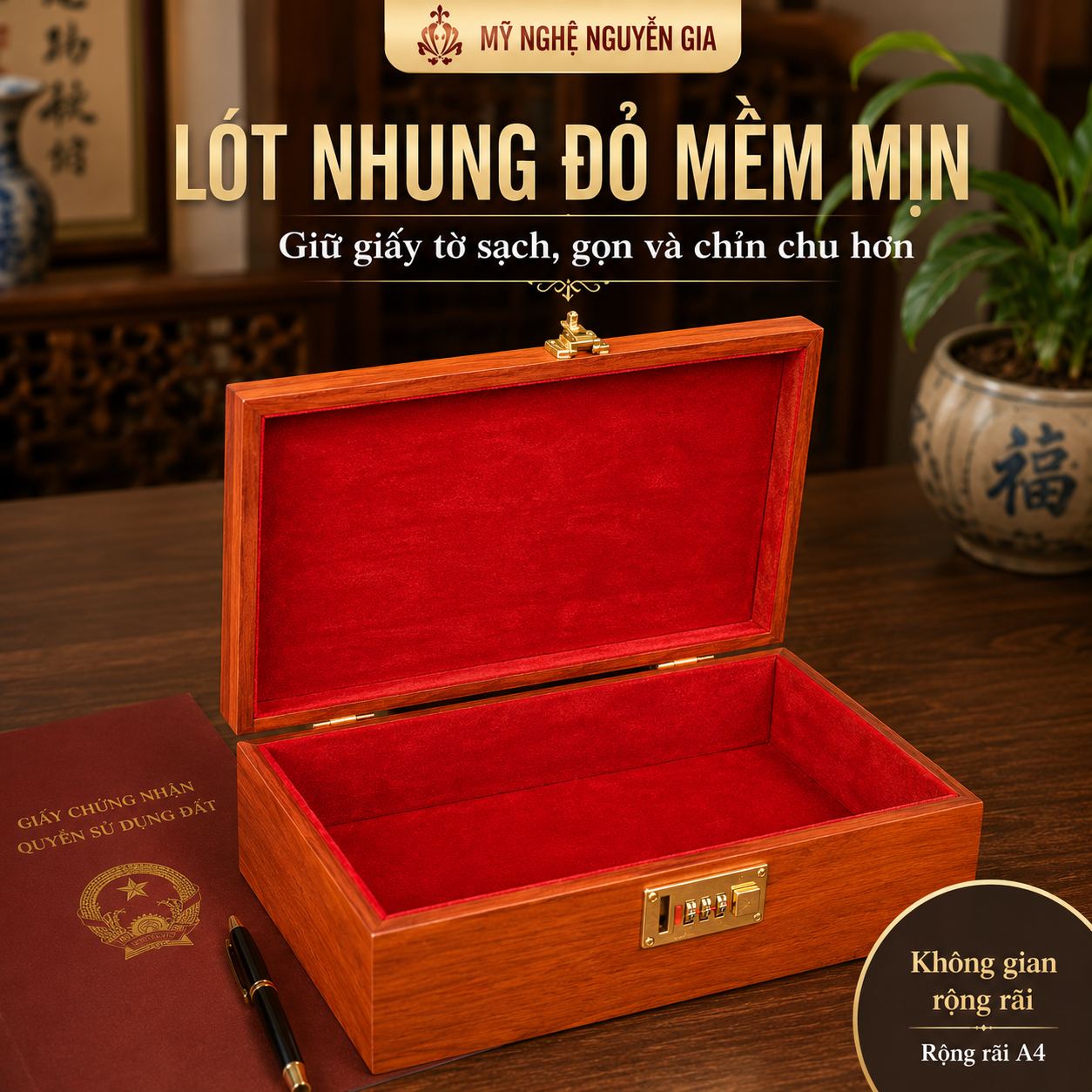 Hộp Đựng Gia Phả Bằng Gỗ Hương – Cất Sắc Phong, Sổ Đỏ, Tài Liệu A4