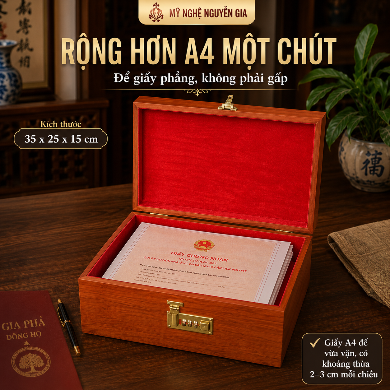 Hộp Đựng Gia Phả Bằng Gỗ Hương – Cất Sắc Phong, Sổ Đỏ, Tài Liệu A4