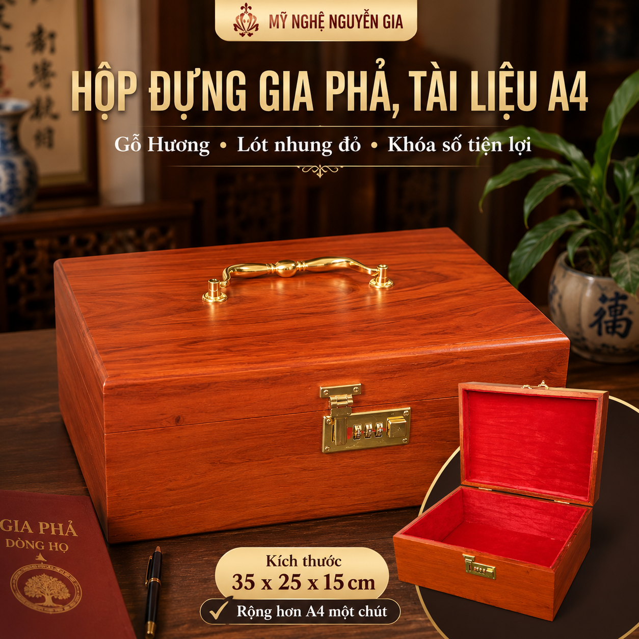 Hộp Đựng Gia Phả Bằng Gỗ Hương – Cất Sắc Phong, Sổ Đỏ, Tài Liệu A4