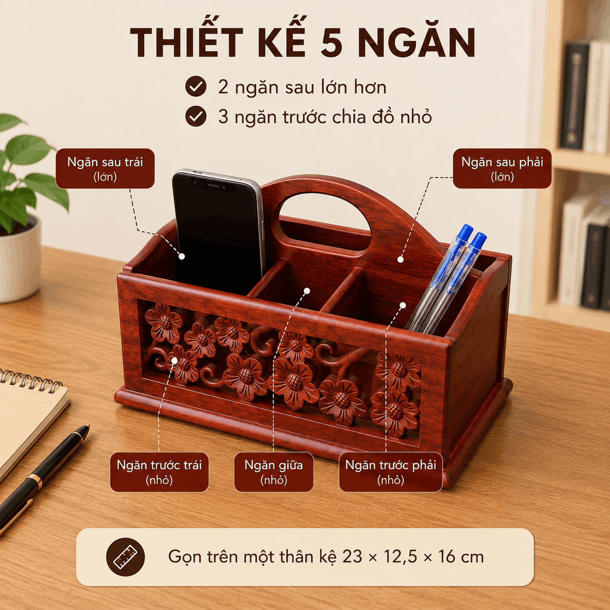 Kệ Đựng Văn Phòng Phẩm Hoa Mai Gỗ Hương 23 × 12,5 × 16 cm