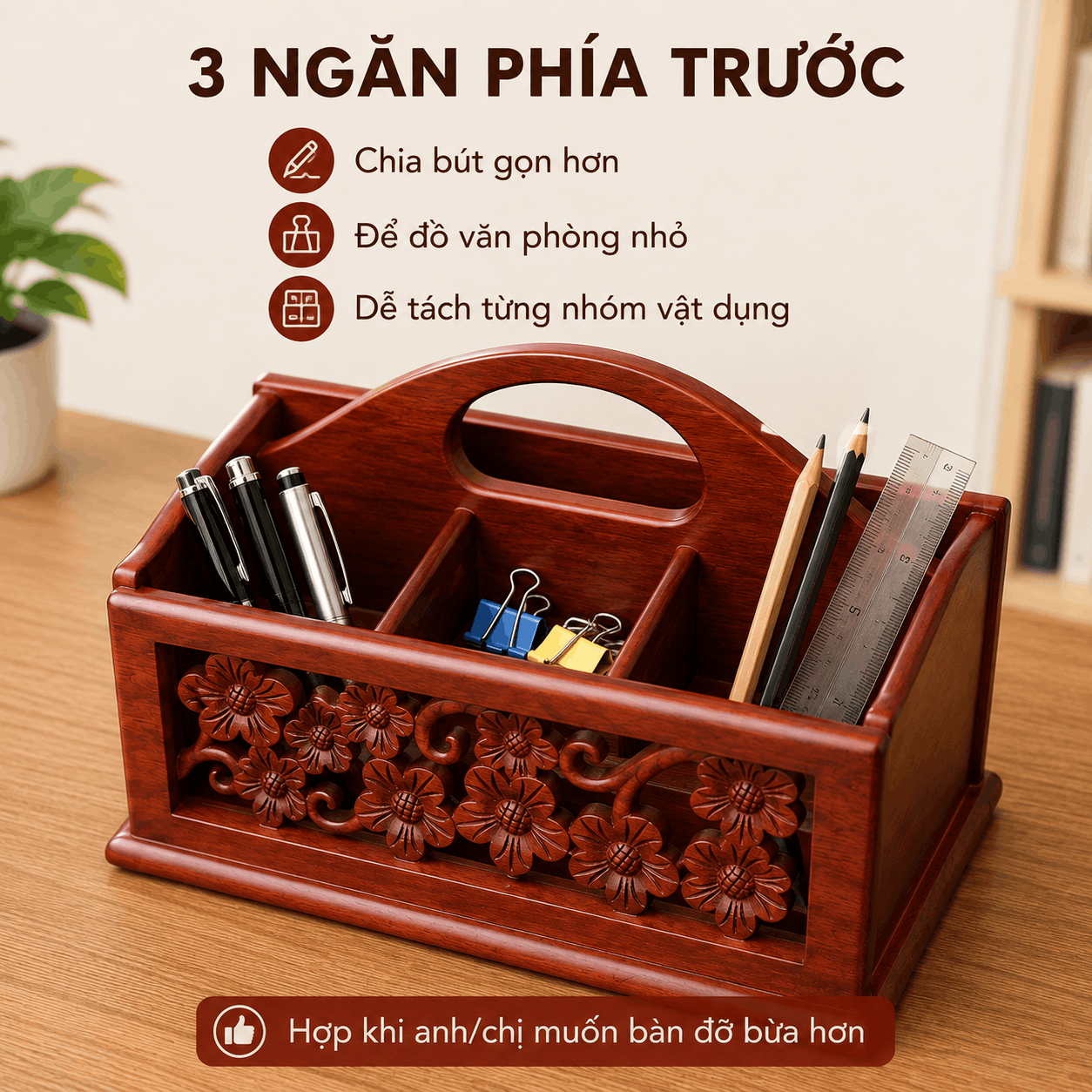 Kệ Đựng Văn Phòng Phẩm Hoa Mai Gỗ Hương 23 × 12,5 × 16 cm
