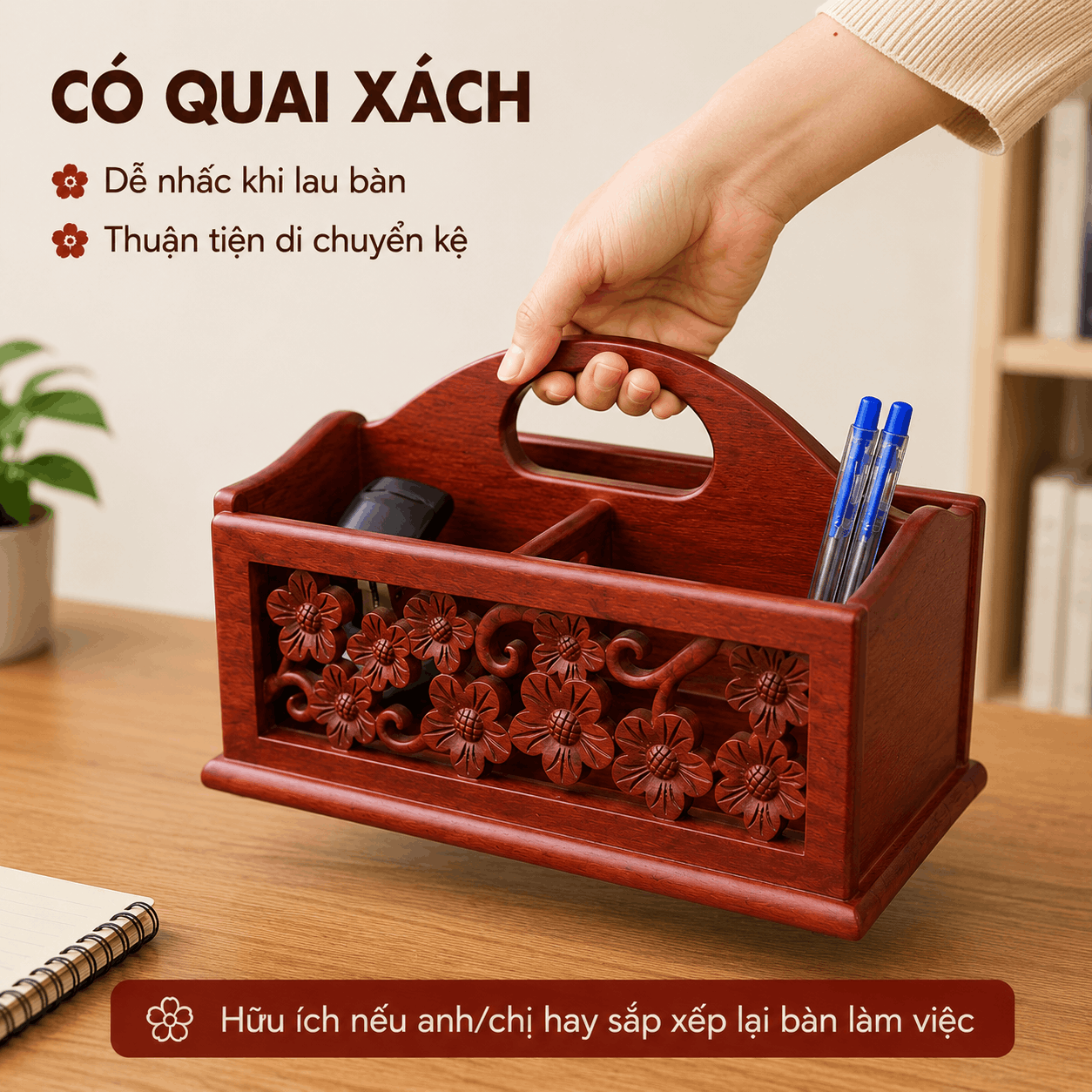 Kệ Đựng Văn Phòng Phẩm Hoa Mai Gỗ Hương 23 × 12,5 × 16 cm