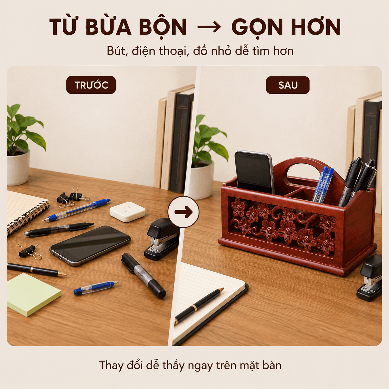 Kệ Đựng Văn Phòng Phẩm Hoa Mai Gỗ Hương 23 × 12,5 × 16 cm