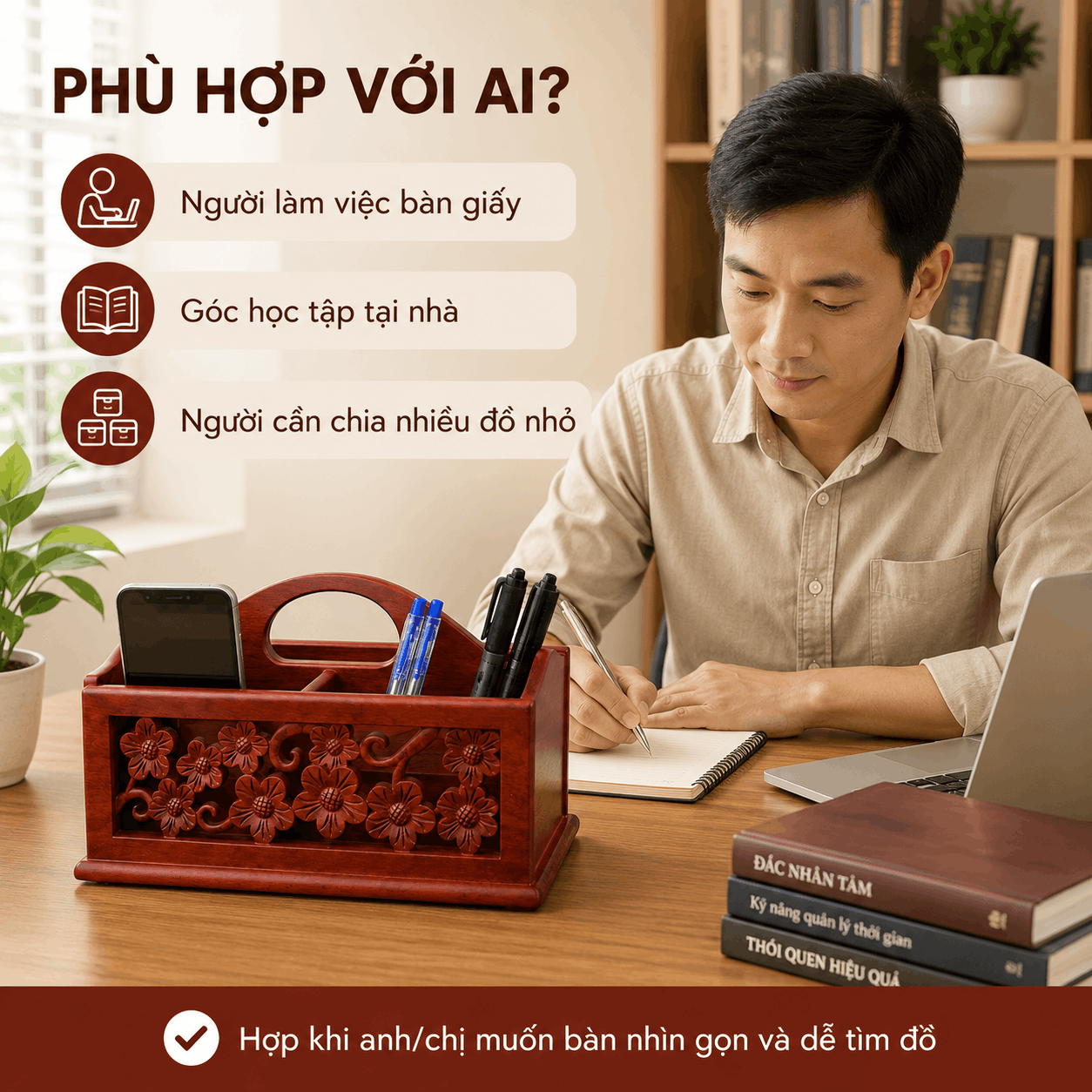 Kệ Đựng Văn Phòng Phẩm Hoa Mai Gỗ Hương 23 × 12,5 × 16 cm