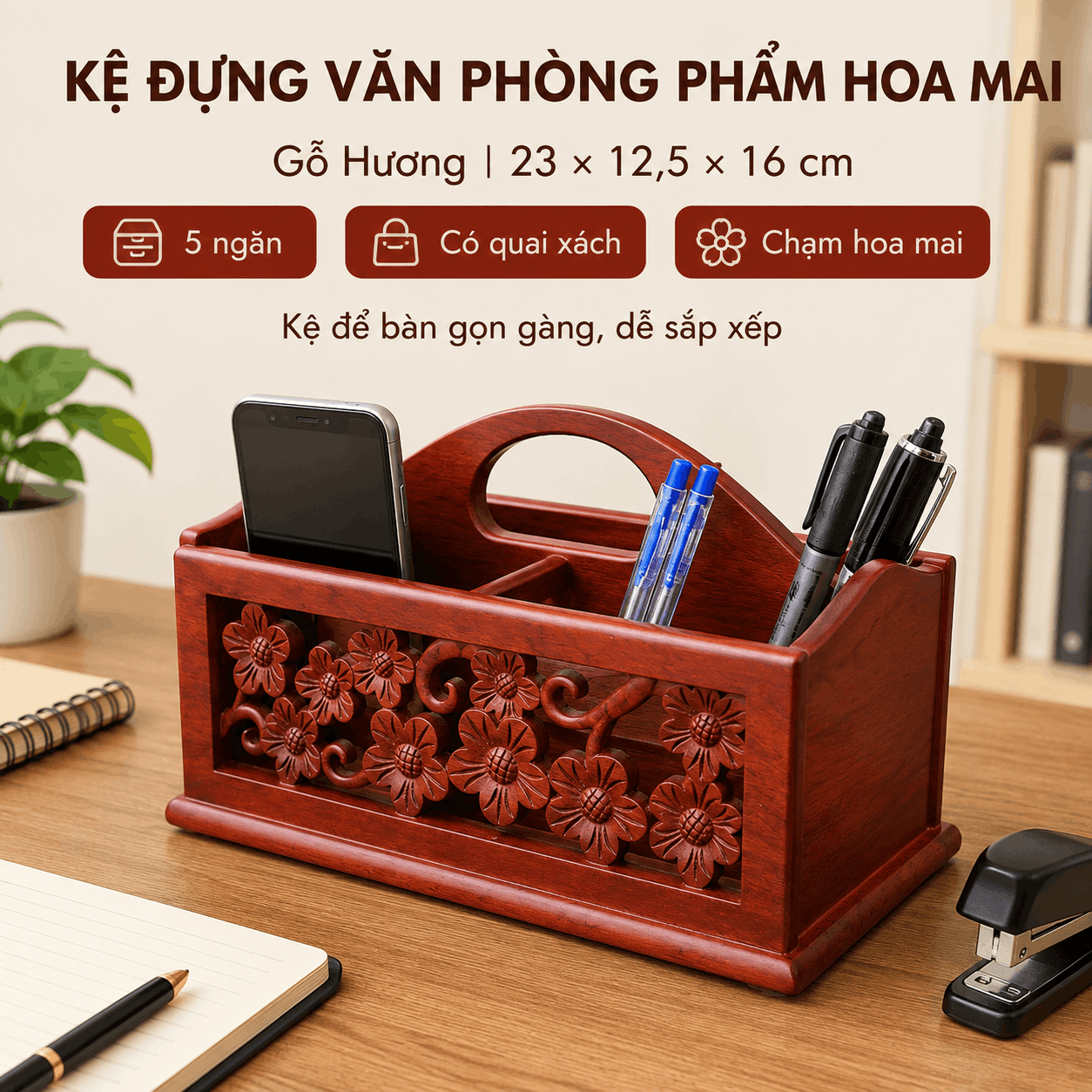 Kệ Đựng Văn Phòng Phẩm Hoa Mai Gỗ Hương 23 × 12,5 × 16 cm