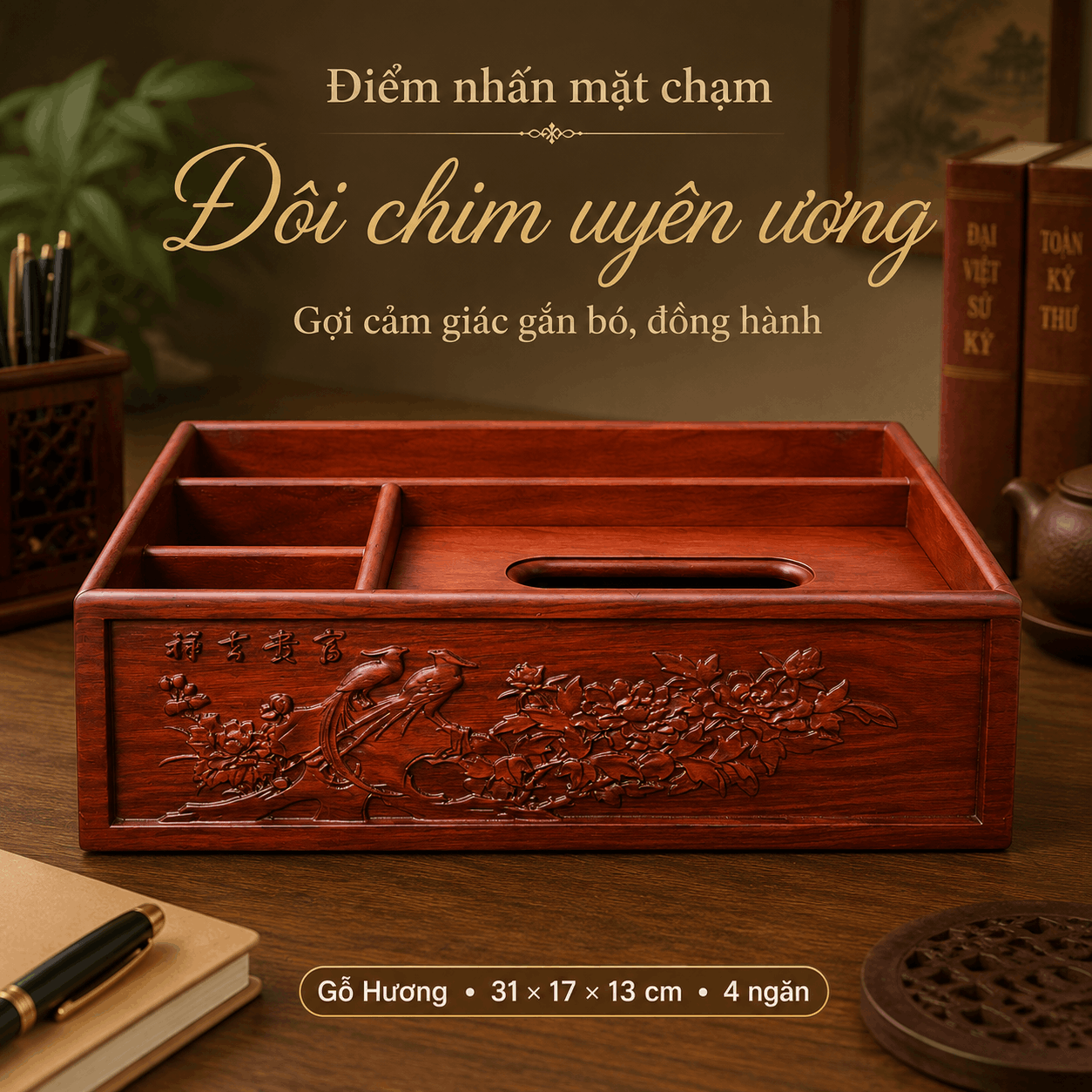 Kệ Gỗ Để Đồ Văn Phòng Phẩm Đôi Chim Uyên Ương 31 × 17 × 13 cm