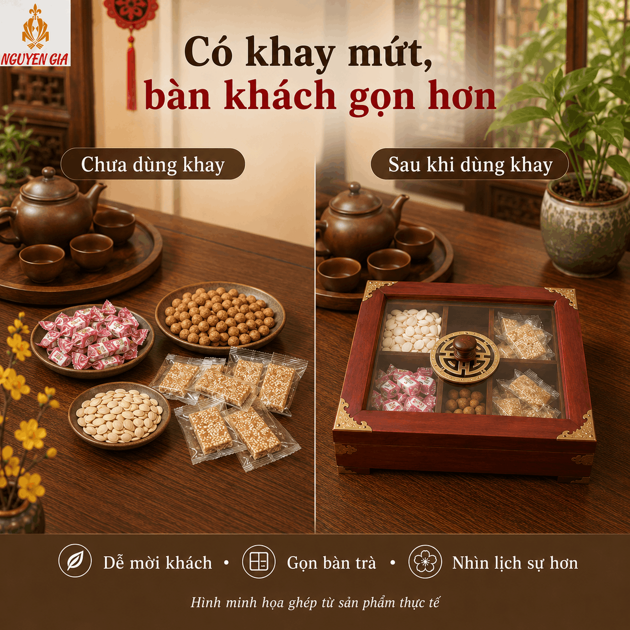 Khay đựng b&aacute;nh kẹo, mứt v&agrave; c&aacute;c loại hạt bằng gỗ