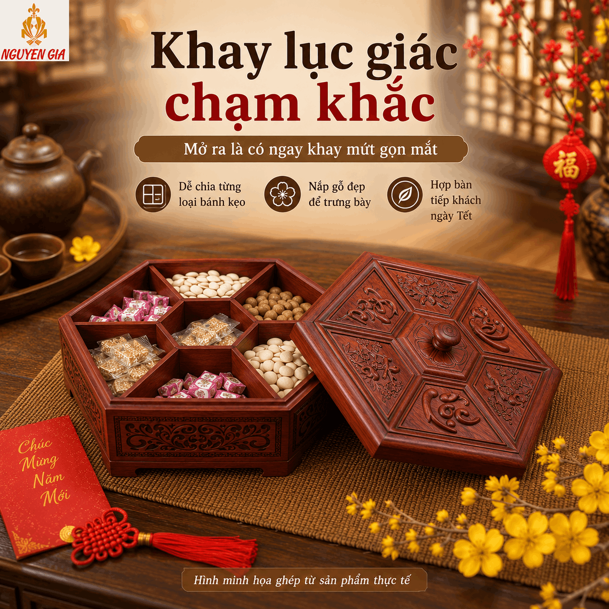 Khay đựng b&aacute;nh kẹo, mứt v&agrave; c&aacute;c loại hạt bằng gỗ