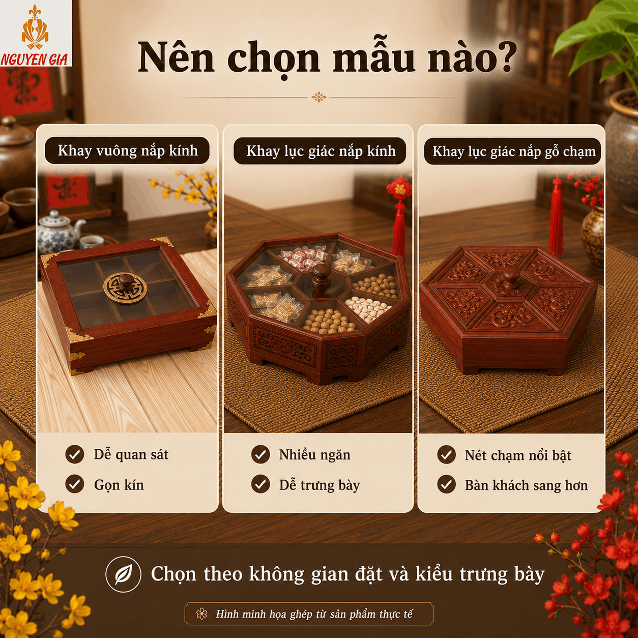 Khay đựng b&aacute;nh kẹo, mứt v&agrave; c&aacute;c loại hạt bằng gỗ