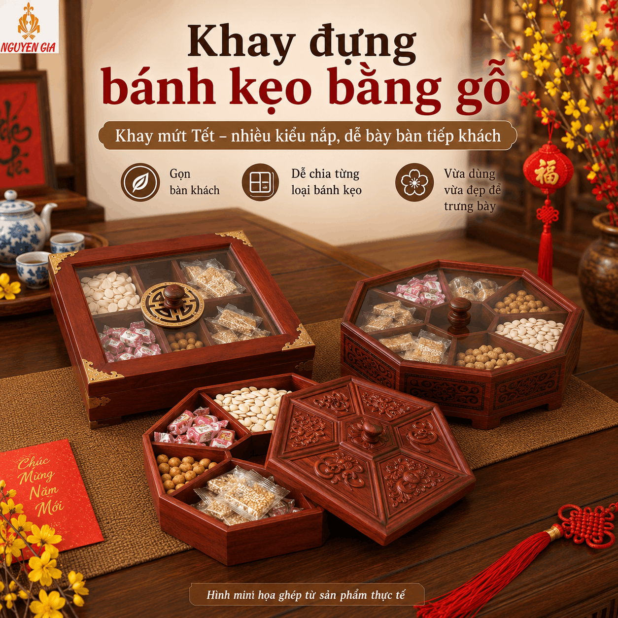 Khay đựng b&aacute;nh kẹo, mứt v&agrave; c&aacute;c loại hạt bằng gỗ