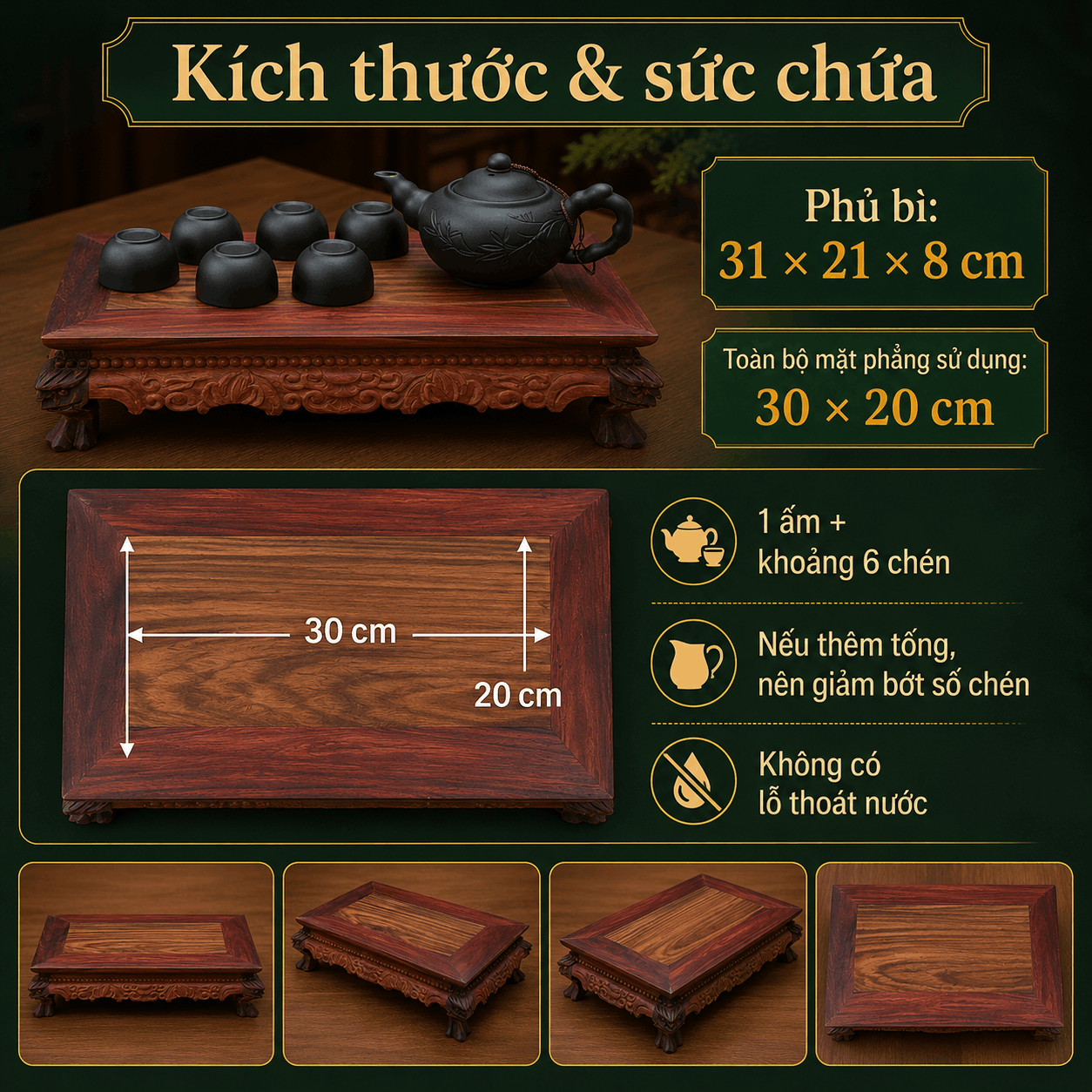 Bàn trà gỗ mini bằng gỗ Trắc 31 × 21 × 8 cm