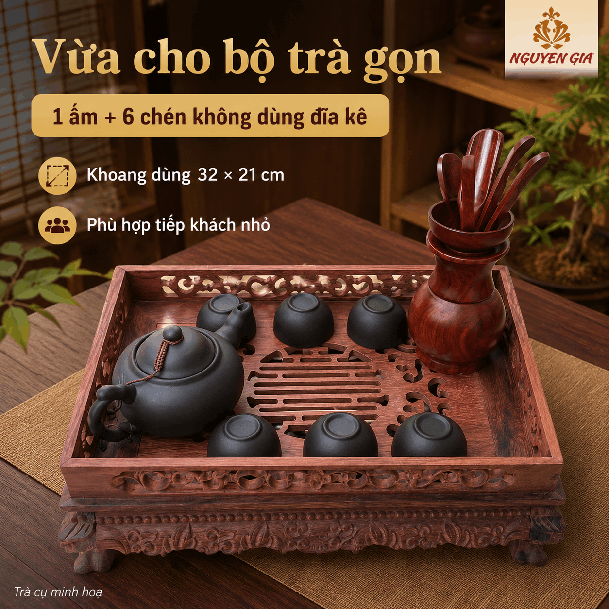 Khay trà chạm rồng gỗ Cẩm mộc 36 × 26 × 11 cm