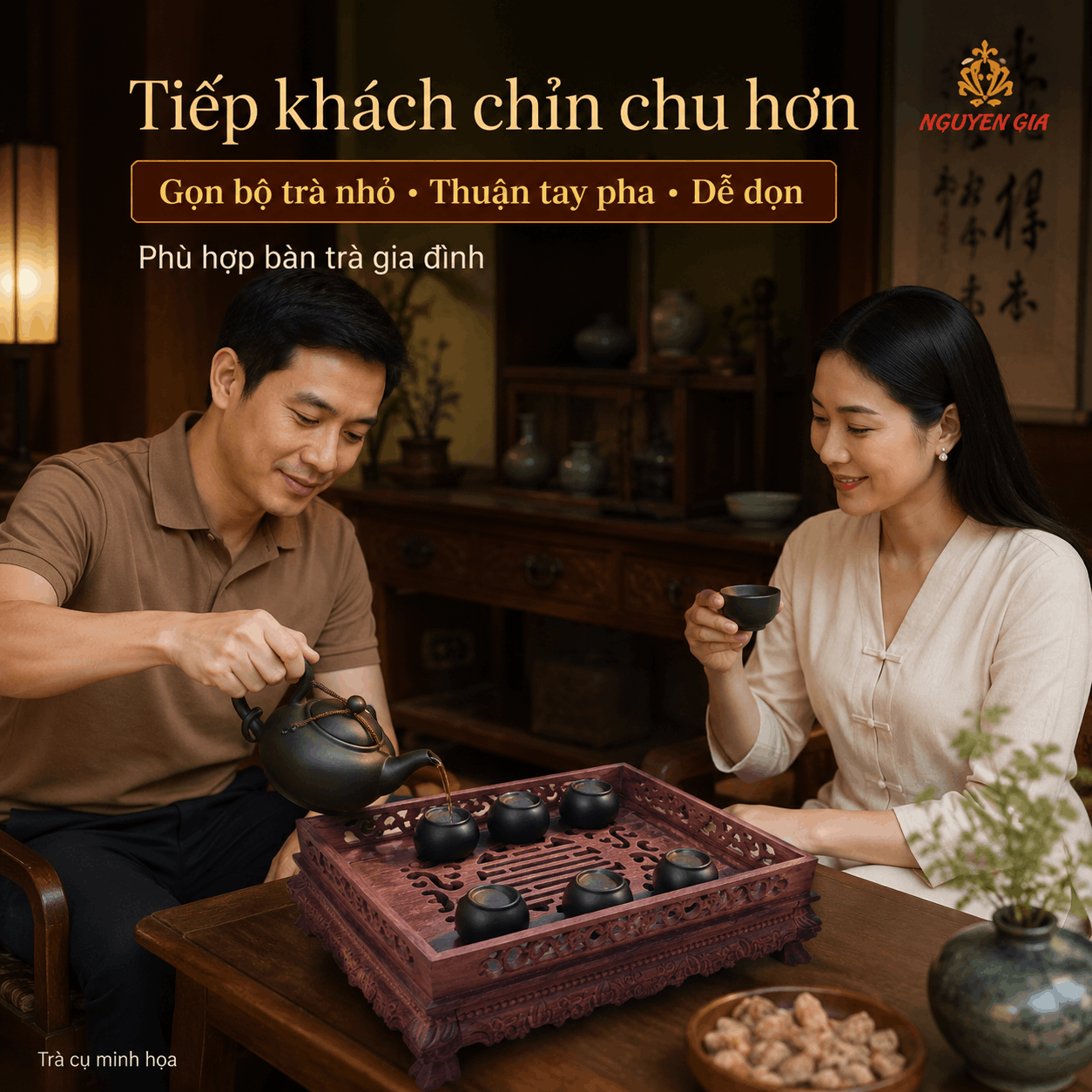 Khay trà chạm rồng gỗ Cẩm mộc 36 × 26 × 11 cm
