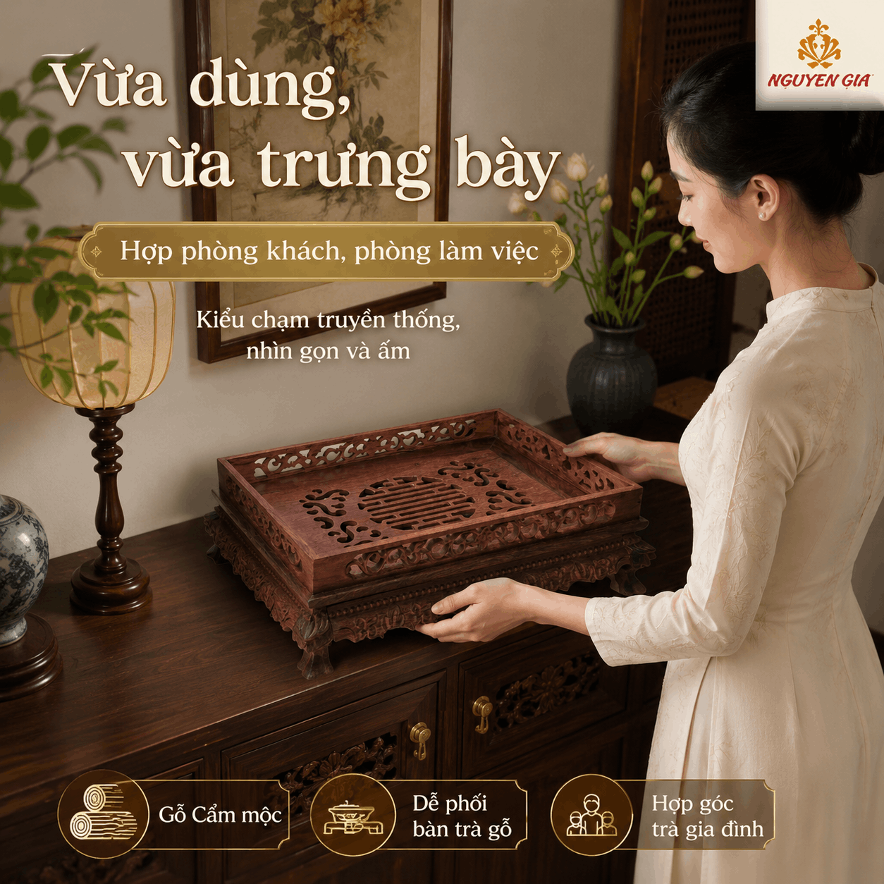 Khay trà chạm rồng gỗ Cẩm mộc 36 × 26 × 11 cm