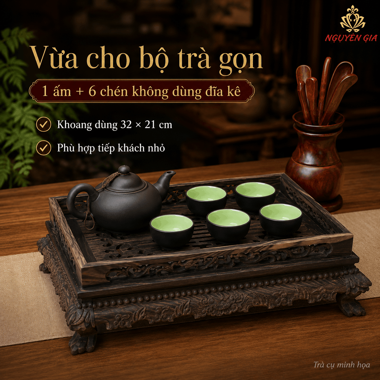 Khay trà chạm rồng gỗ Mun mộc 36 × 26 × 11 cm