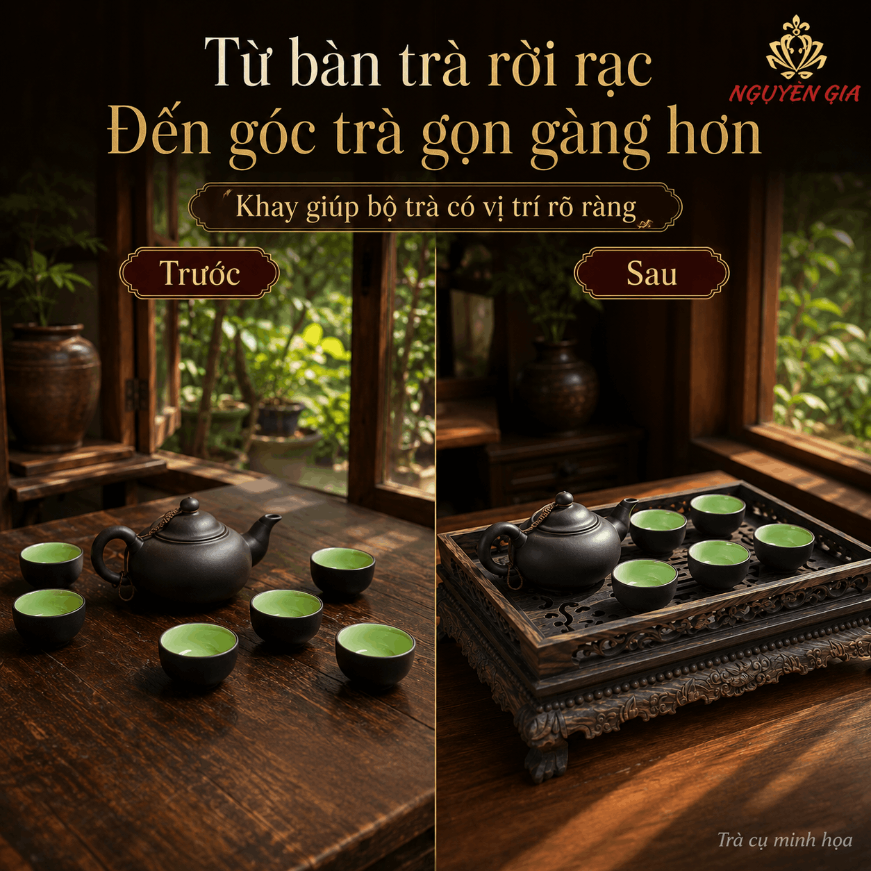 Khay trà chạm rồng gỗ Mun mộc 36 × 26 × 11 cm