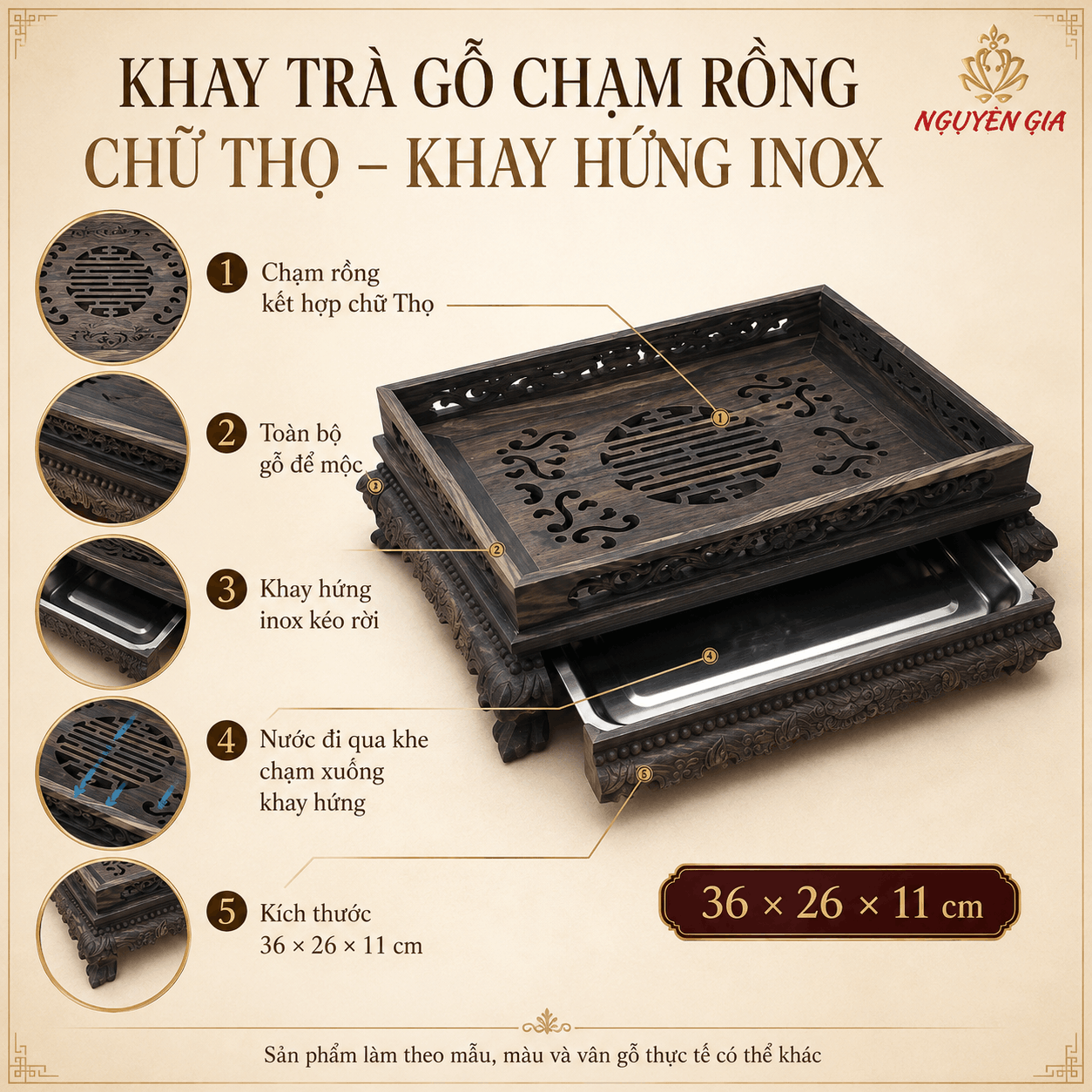 Khay trà chạm rồng gỗ Mun mộc 36 × 26 × 11 cm