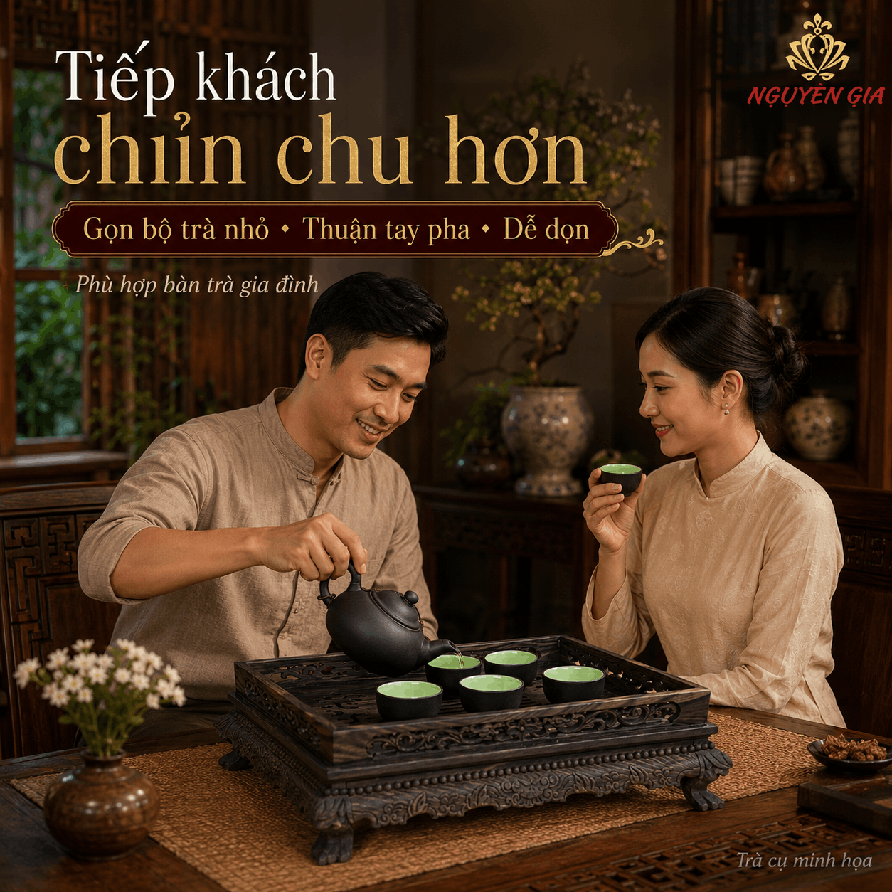 Khay trà chạm rồng gỗ Mun mộc 36 × 26 × 11 cm
