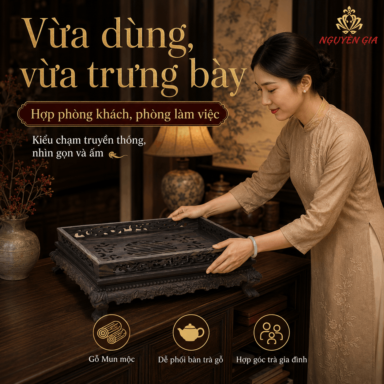 Khay trà chạm rồng gỗ Mun mộc 36 × 26 × 11 cm