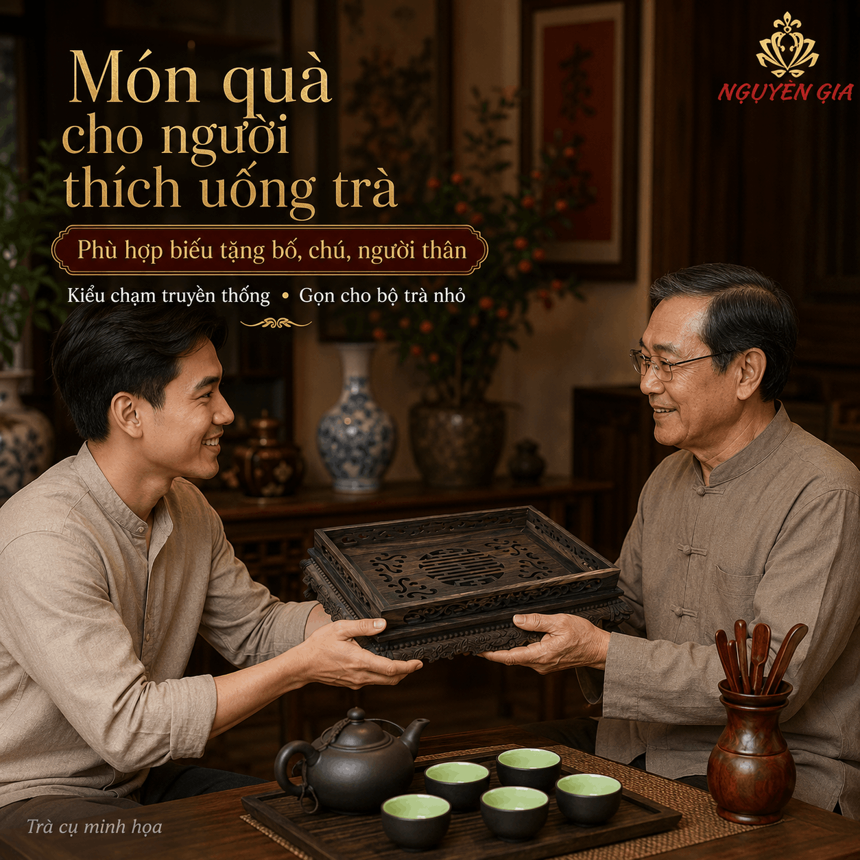 Khay trà chạm rồng gỗ Mun mộc 36 × 26 × 11 cm