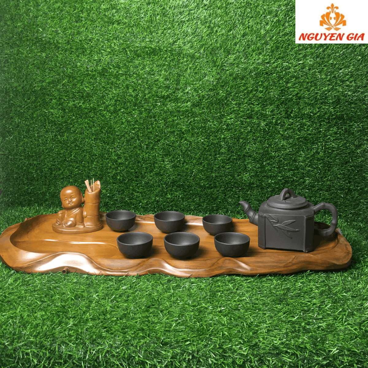 Khay trà gỗ Bách Xanh mẫu Lá Sen KT62x24 (không bao gồm ấm chén và phụ kiện)