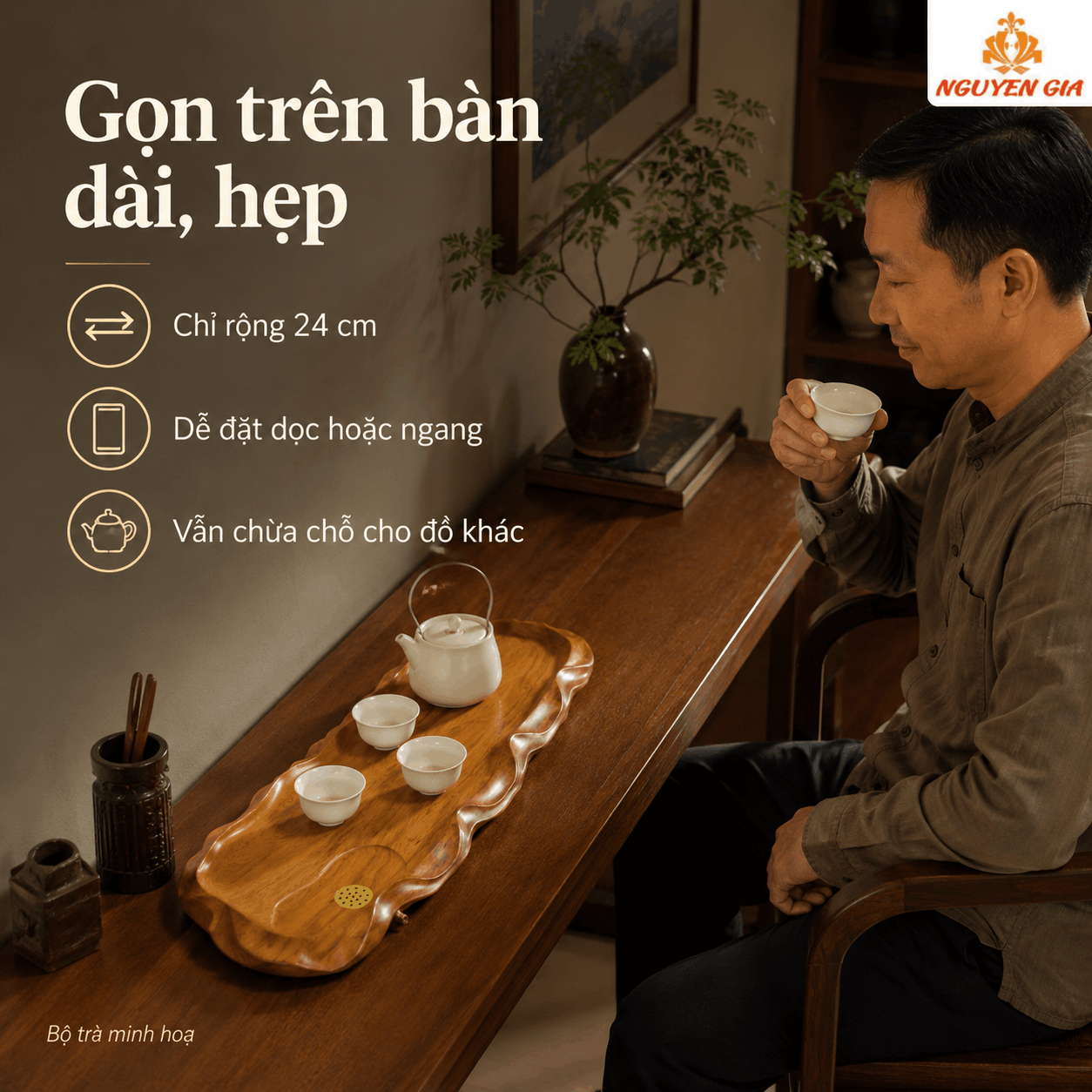 Khay trà gỗ Bách Xanh Lá Sen 62 × 24 × 3 cm