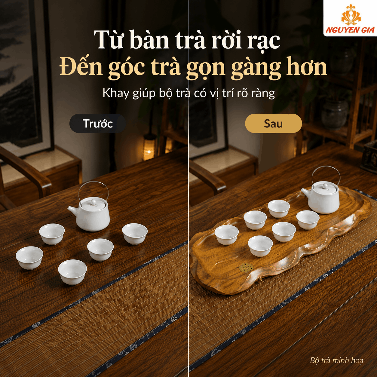 Khay trà gỗ Bách Xanh Lá Sen 62 × 24 × 3 cm