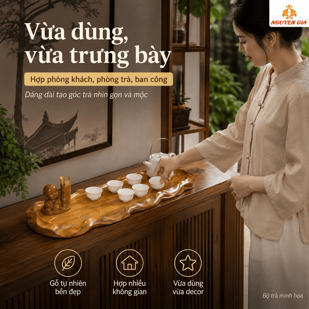 Khay trà gỗ Bách Xanh Lá Sen 62 × 24 × 3 cm