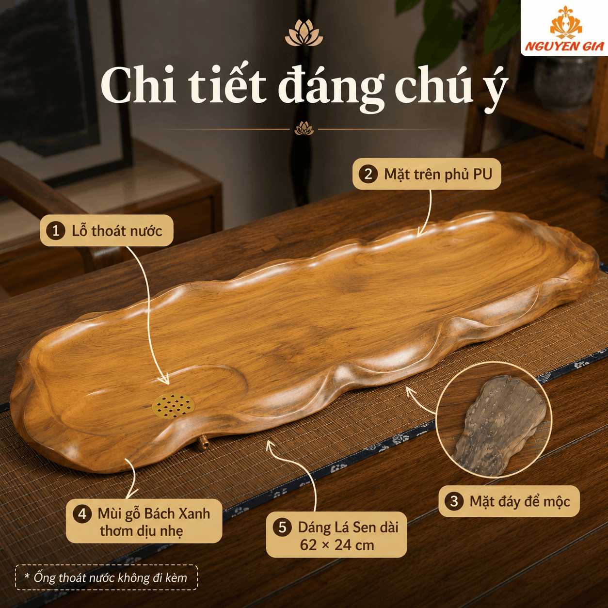 Khay trà gỗ Bách Xanh Lá Sen 62 × 24 × 3 cm