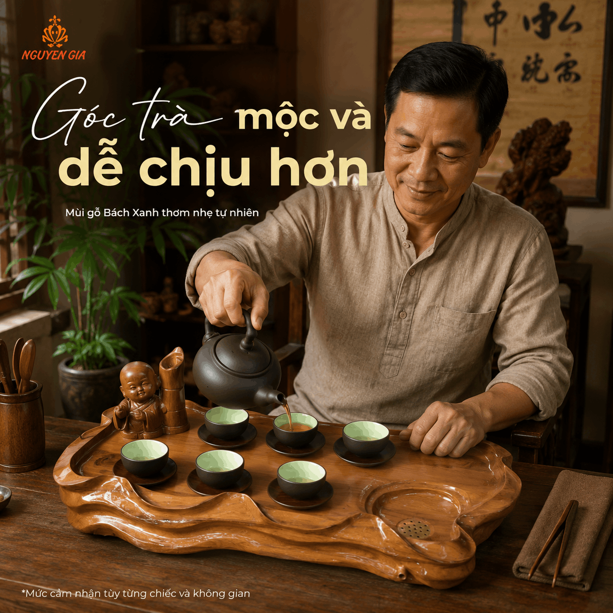 Khay trà gỗ Bách Xanh nguyên khối 49 × 28 × 7 cm