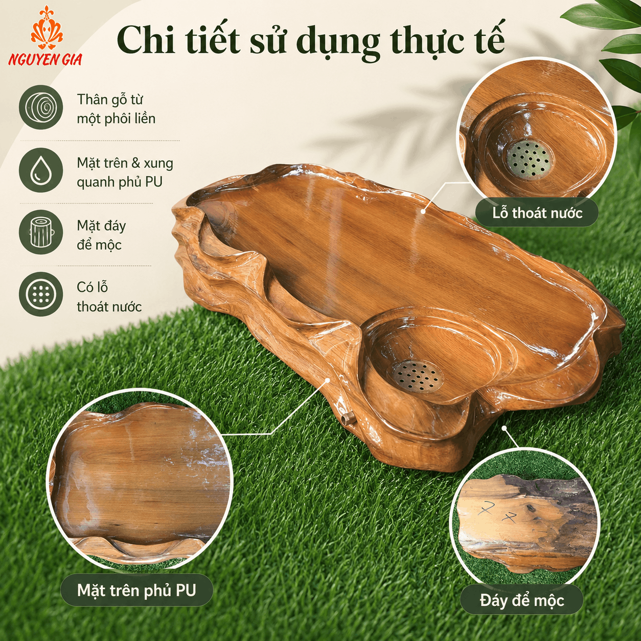 Khay trà gỗ Bách Xanh nguyên khối 49 × 28 × 7 cm