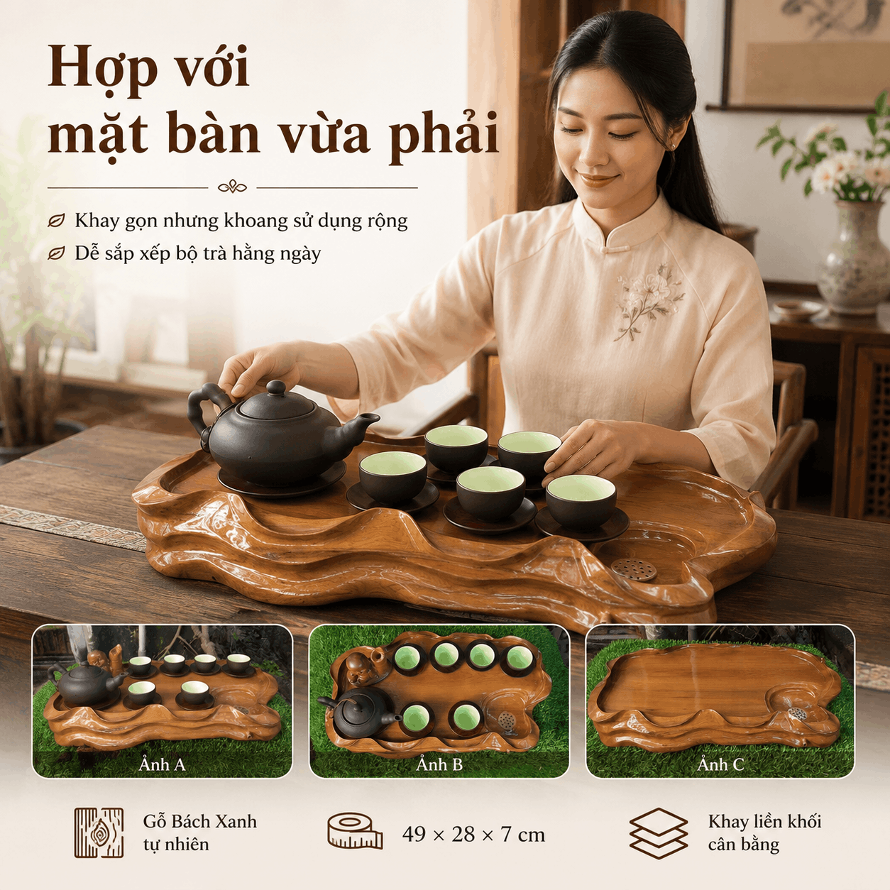 Khay trà gỗ Bách Xanh nguyên khối 49 × 28 × 7 cm