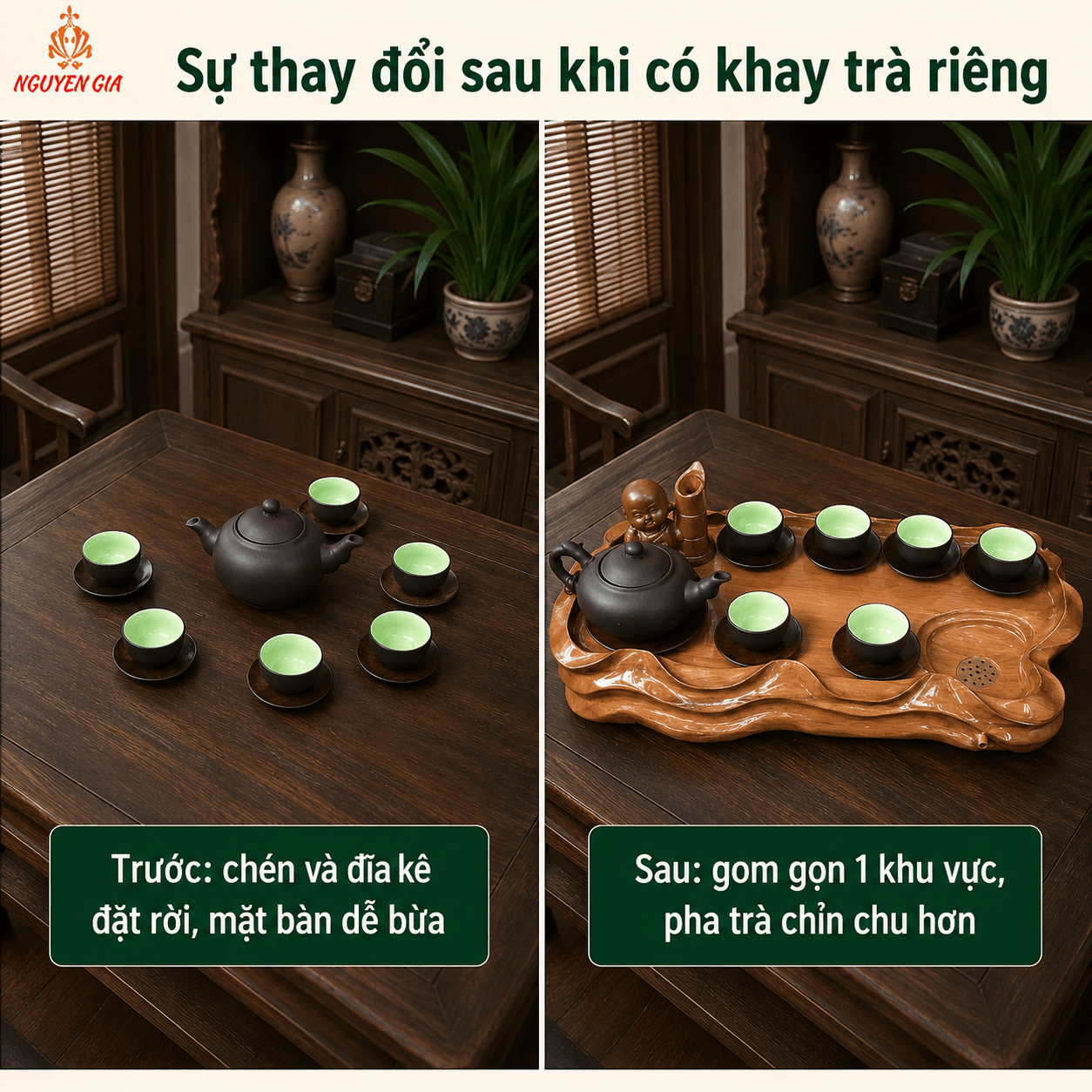 Khay trà gỗ Bách Xanh nguyên khối 49 × 28 × 7 cm