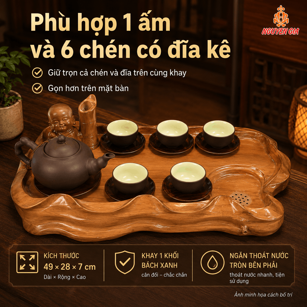 Khay trà gỗ Bách Xanh nguyên khối 49 × 28 × 7 cm