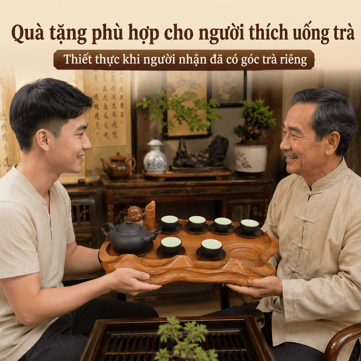 Khay trà gỗ Bách Xanh nguyên khối 49 × 28 × 7 cm